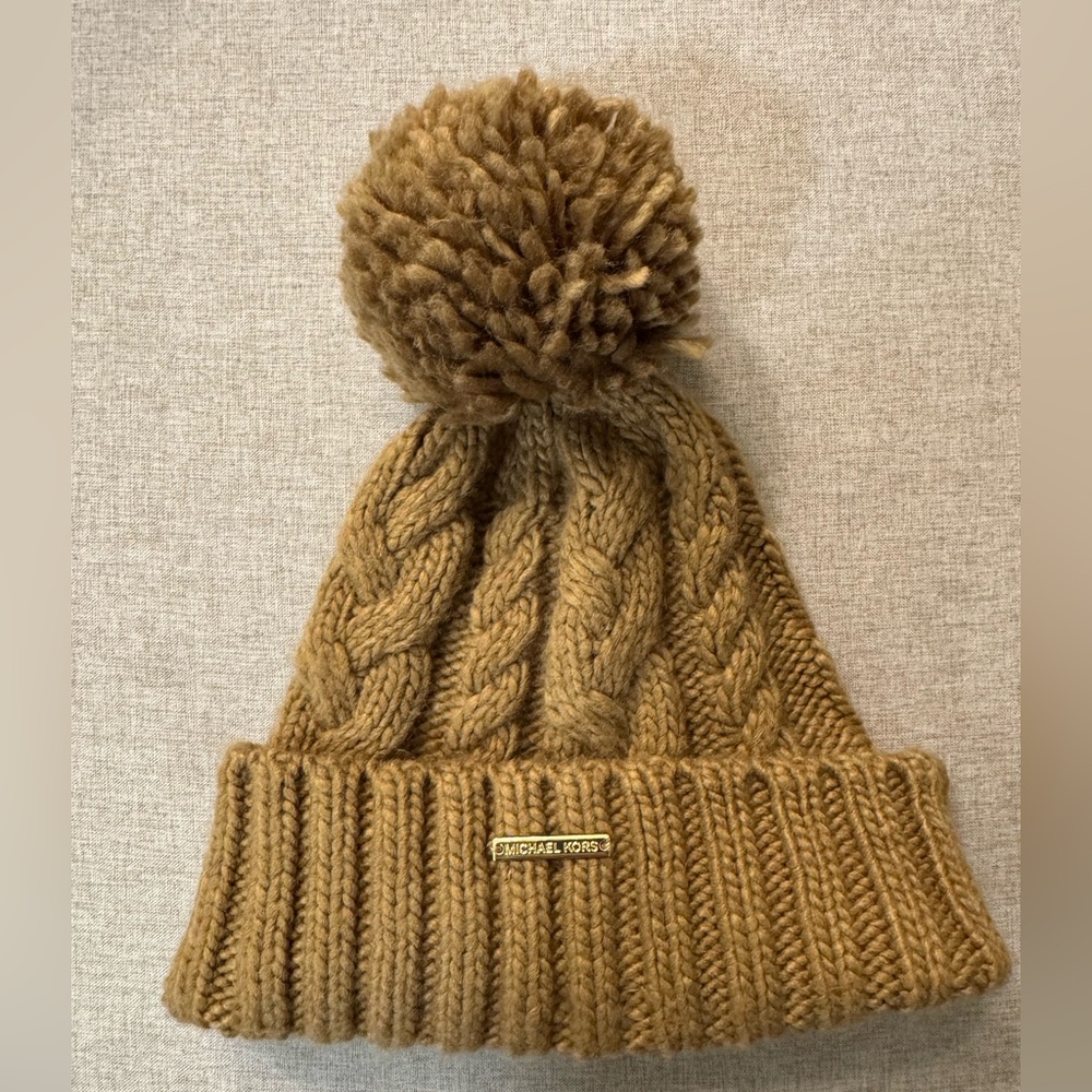 Michael Kors Brown Cable Knit Hat with Pom-Pom